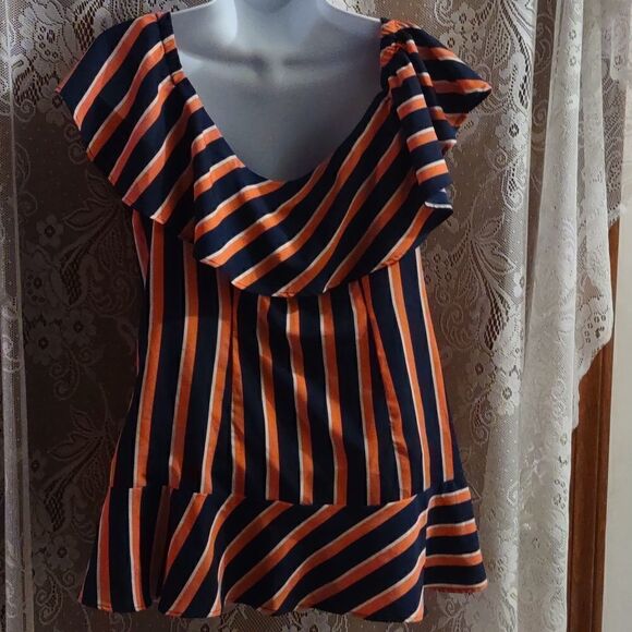 Banana Republic Women's size M top navy orange festive‎ flutter sleeve skirted - Picture 4 of 8